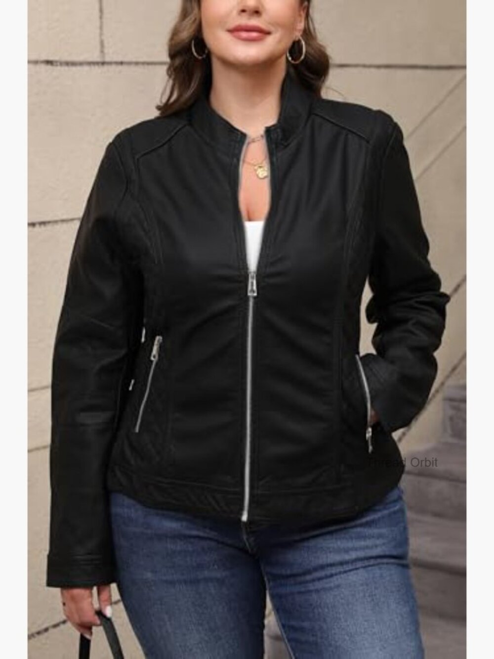 Faux Leather Moto Jacket with Stand Collar Zipper Pockets - Picture 3 of 7